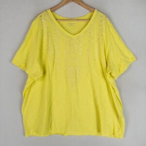 Catherines Womens T-Shirt 3X 26/28W Yellow Gold Foil Floral V-Neck Cotton Tee